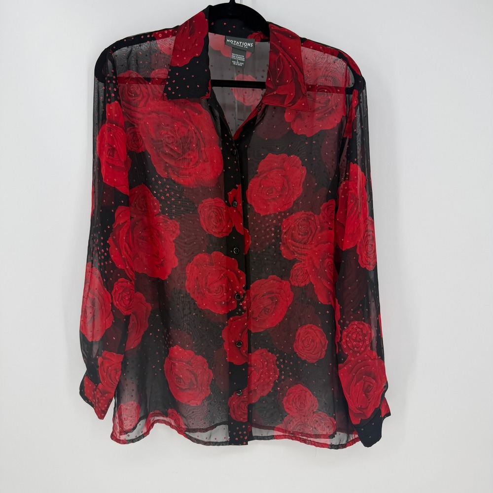 Notations Button Down Shirt Womens L Red Black Rose Sheer Glitter Y2K Whimsigoth